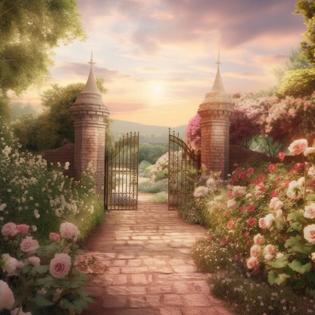 A painting of a garden gate with roses on it.