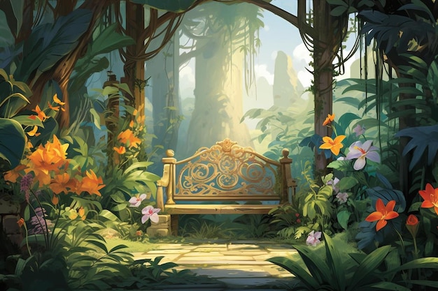 a painting of a garden with a bench and flowers.