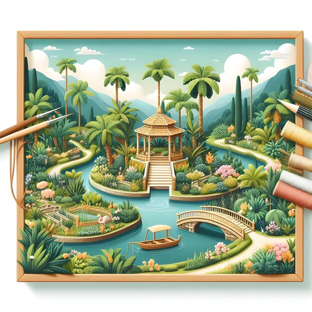 Photo a painting of a garden with a bridge and palm trees