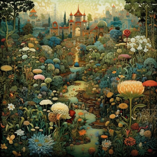 Painting of a garden with a castle and a stream in the middle generative ai