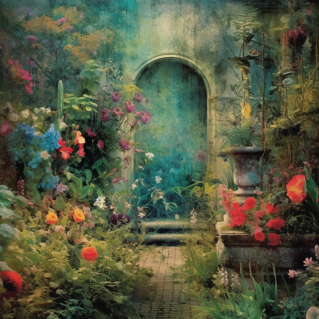 Painting of a garden with a door and flowers in the foreground generative ai