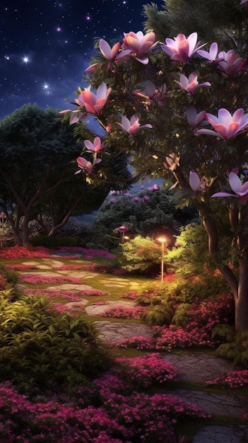A painting of a garden with flowers and a lamp.