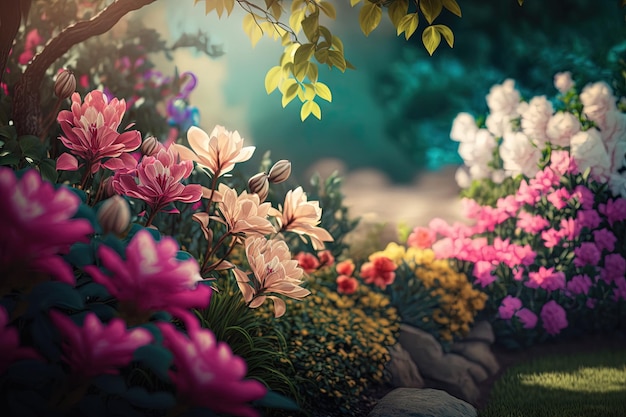 A painting of a garden with flowers and rocks generative AI