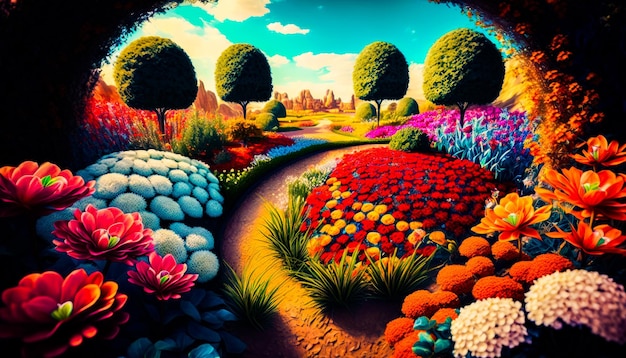 Painting of garden with flowers and trees Fantasy Generative AI