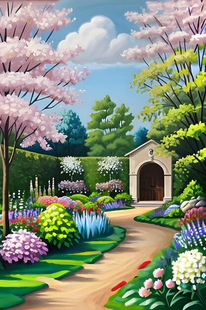 Photo painting of a garden with flowers and trees and a path cartoon painting