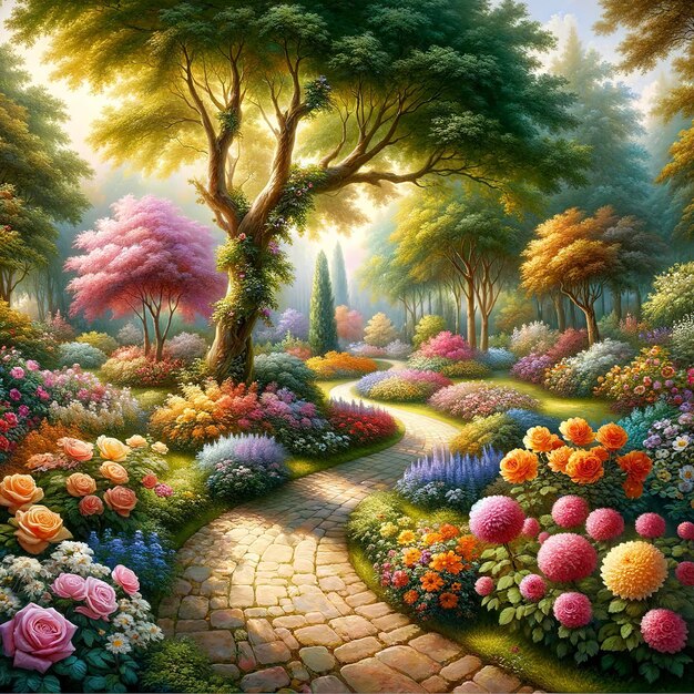 Painting of a garden with flowers and trees and a path