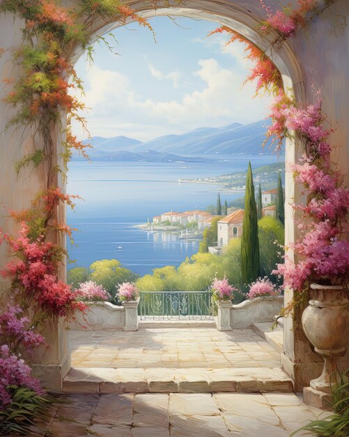 a painting of a garden with flowers and a view of the water