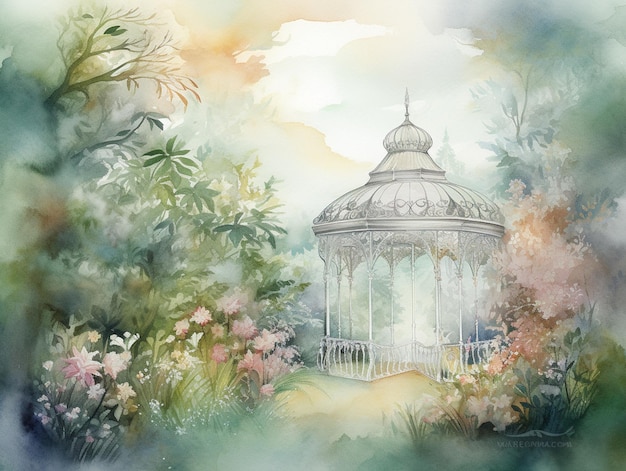 A painting of a garden with a gazebo in the middle of it.