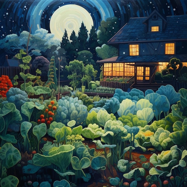 painting of a garden with a house and a full moon generative ai