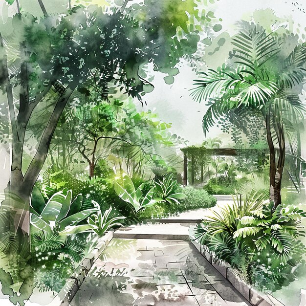 Photo a painting of a garden with a house and trees