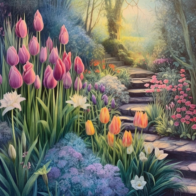 painting of a garden with a path and flowers in the foreground generative ai