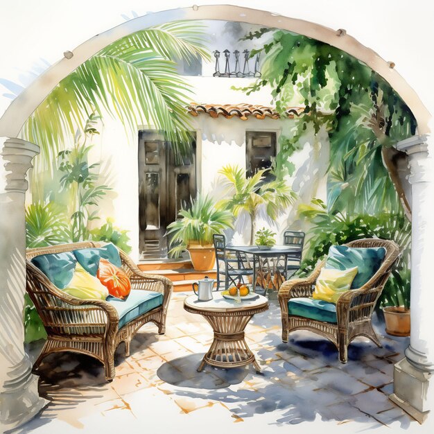 a painting of a garden with a potted plant and a patio with a potted plant