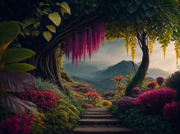 Photo a painting of a garden with purple flowers and a path to the mountains