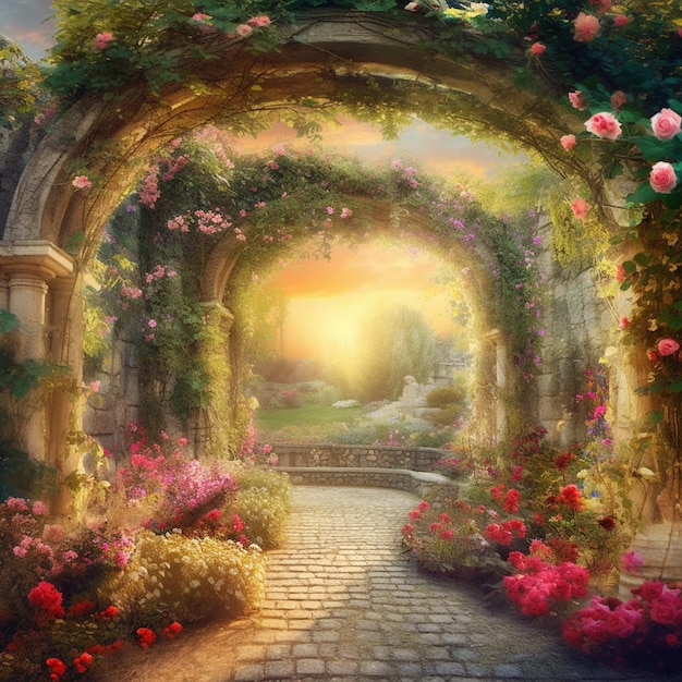 A painting of a garden with roses on it