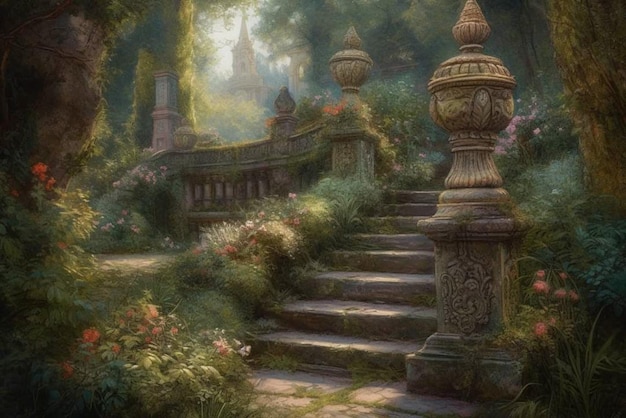 A painting of a garden with stairs leading to a castle.