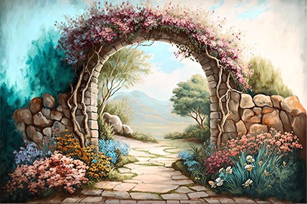 painting of a garden with a stone path and flowers generative ai