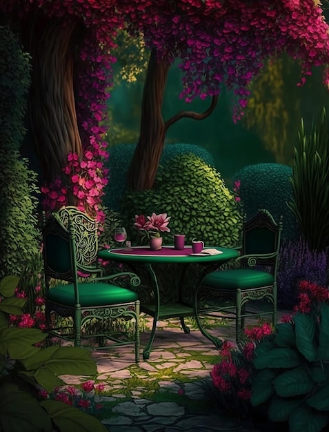 A painting of a garden with a table and chairs.