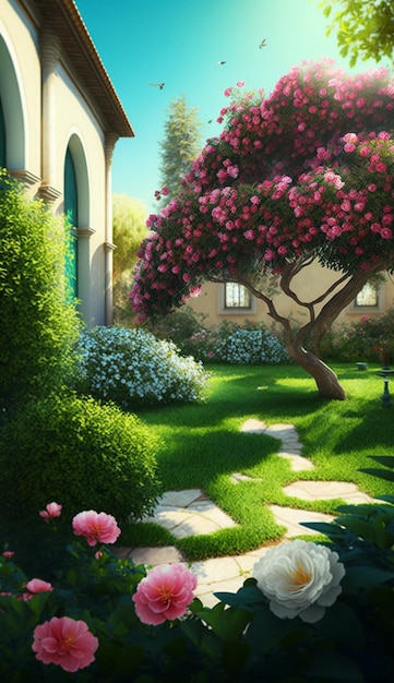 A painting of a garden with a tree and flowers