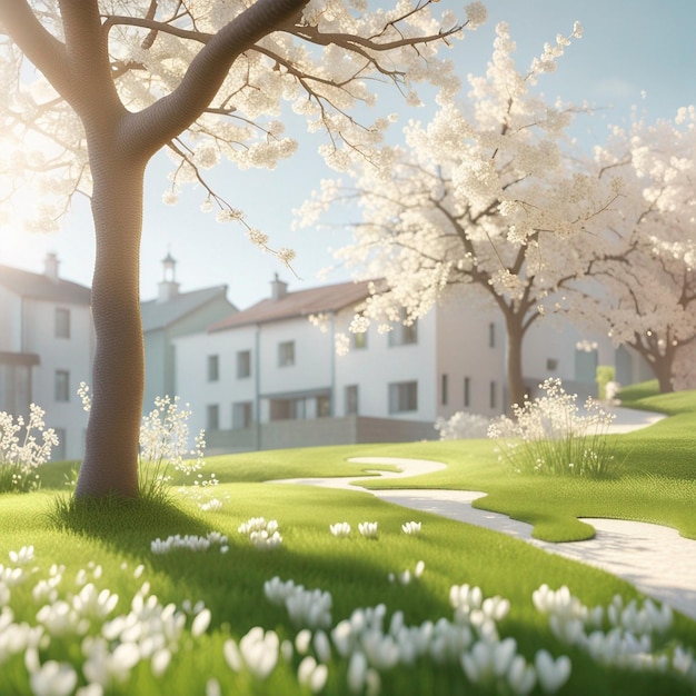 A painting of a garden with a tree and a pathway leading to a house