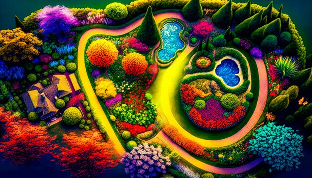 Photo painting of garden with trees and bushes fantasy generative ai