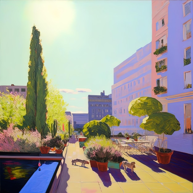 Foto dipinto di un giardino con vista sulla città.