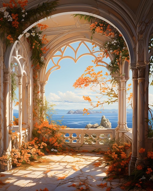 Foto dipinto di un giardino con vista sull'oceano ai