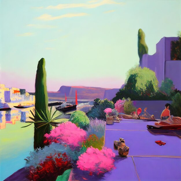 A painting of a garden with a view of the water and a city