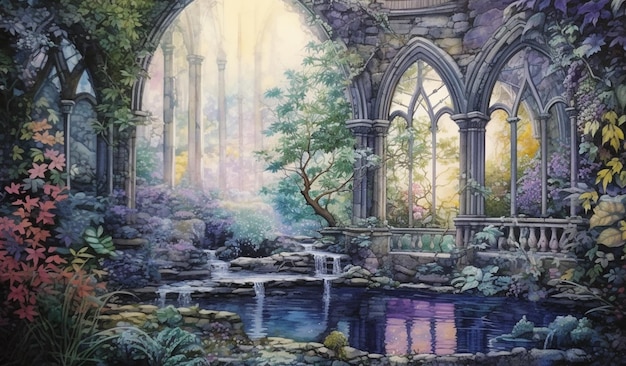 painting of a garden with a waterfall and a fountain generative ai