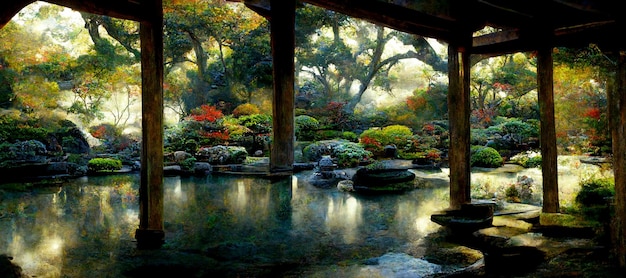 Photo a painting of a garden with a waterfall and trees in the background.