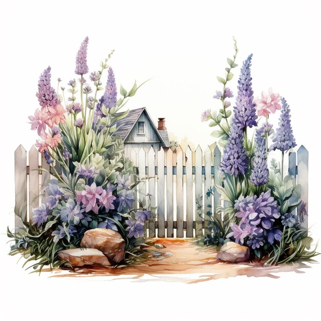 Photo painting of a garden with a white picket and purple flowers generative ai