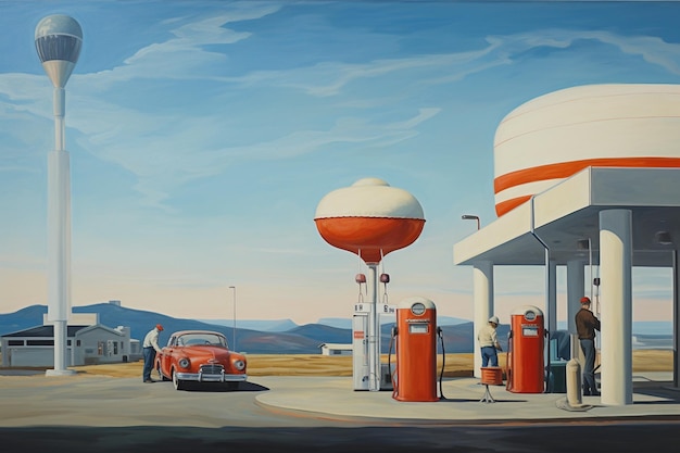 Photo a painting of a gas station with a red car and a gas station in the background.