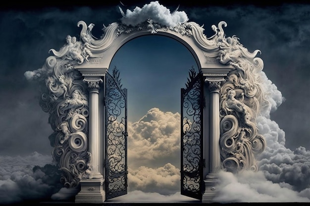 A painting of a gate that has the word heaven on it.