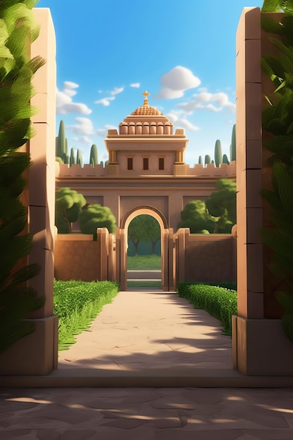 A painting of a gate that is open to a garden