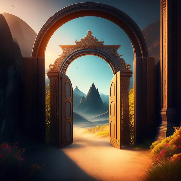 A painting of a gate that is open to the sun