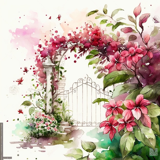 A painting of a gate with flowers and a star on it