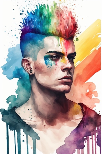 A painting of a gay or nonbinary in rainbow colors for pride month and LGBTQ