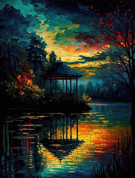 A painting of a gazebo by the lake