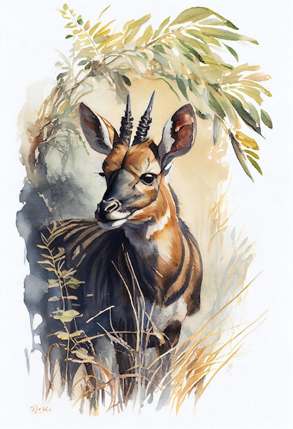 A painting of a gazelle with horns and a bushy background.