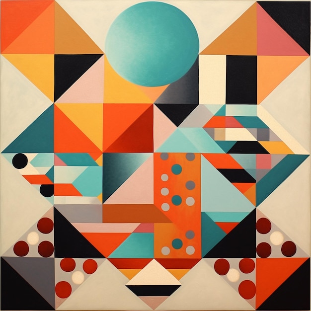 painting of a geometric composition with a blue ball and orange and black generative ai