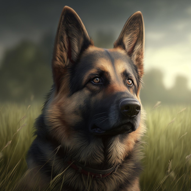 A painting of a german shepherd sitting in a field.