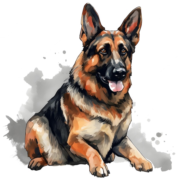 A painting of a german shepherd sitting on a white background.