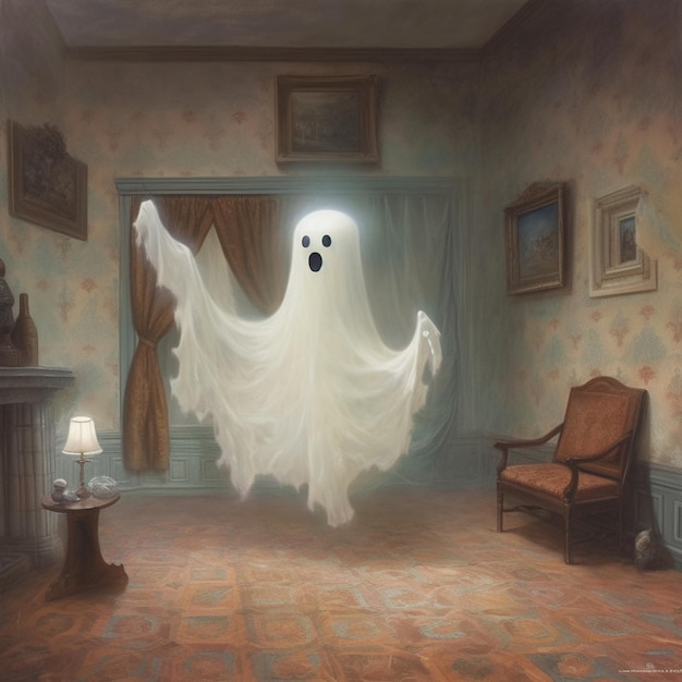 A painting of a ghost in a room with a lamp on the wall.