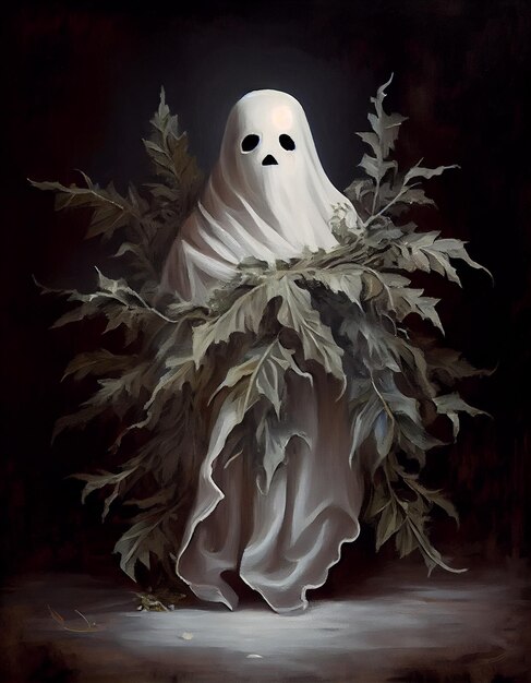 painting of a ghost with leaves in his hands generative ai