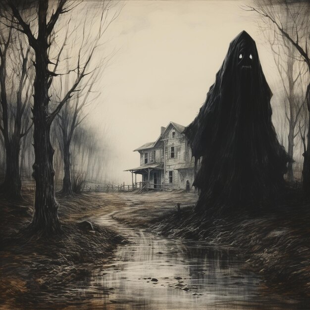 Photo painting of a ghostly figure standing in front of a house in a forest generative ai