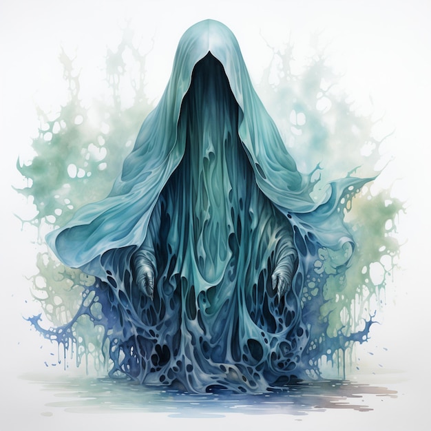 painting of a ghostly figure with a blue cloak and flowing water generative ai