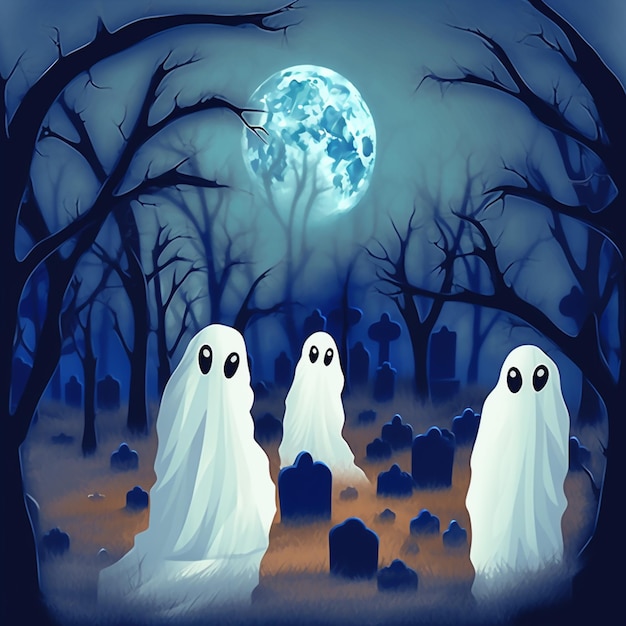 A painting of ghosts in a graveyard with the moon in the background.