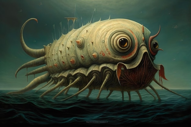 A painting of a giant centipede with a large eye and a large eye.