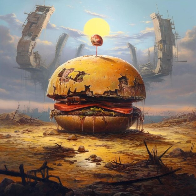 painting of a giant hamburger with a man on top of it generative ai