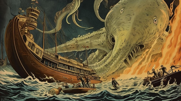 Foto un dipinto di un kraken gigante inseguito da una nave