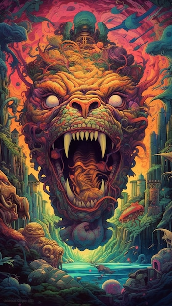 A painting of a giant monster with a huge mouth and teeth generative ai